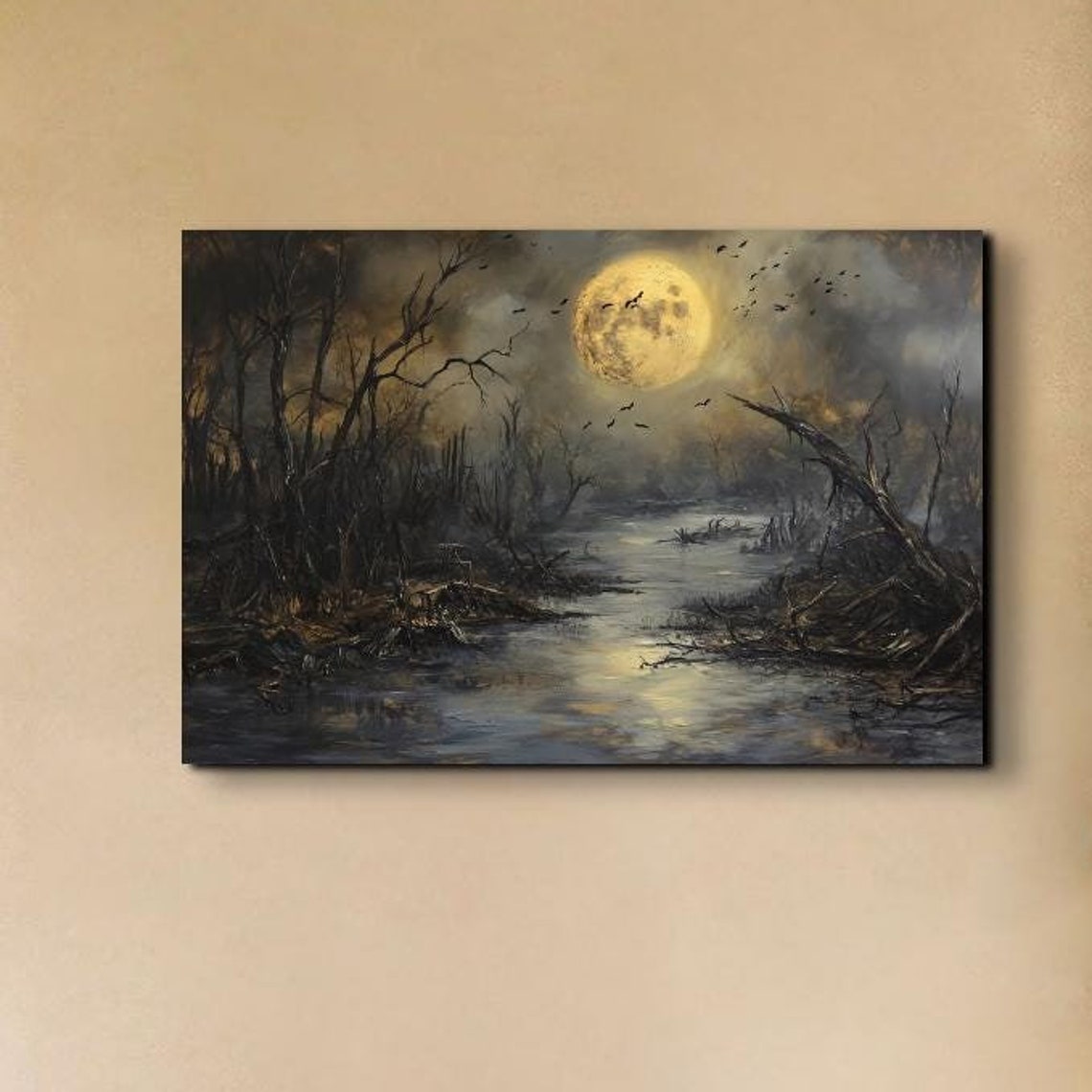 Golden Full Moon Over Spooky Swamp With Birds Gothic Halloween Poster