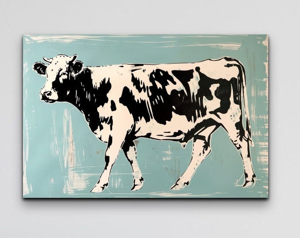 Walking Spotted Cow Rustic Blue Farmhouse Kitchen Art Poster