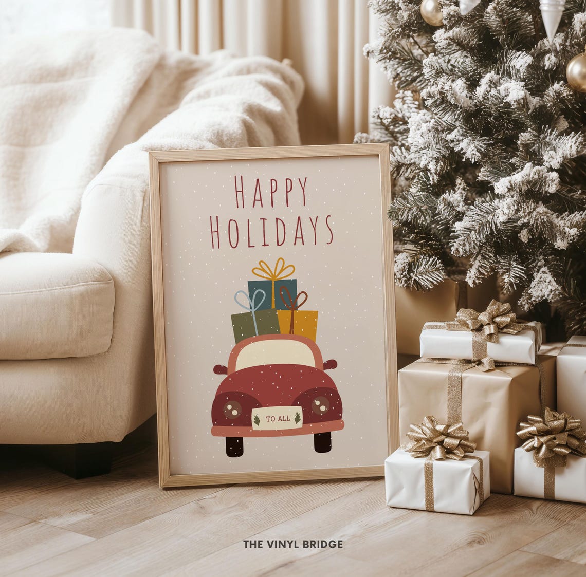 Happy Holidays Red Car Christmas Gifts Cute Snowy Wall Poster - Image 3
