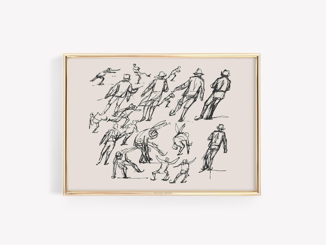 Vintage Ice Skaters Line Drawing Winter Holiday Figure Art Poster - Image 4