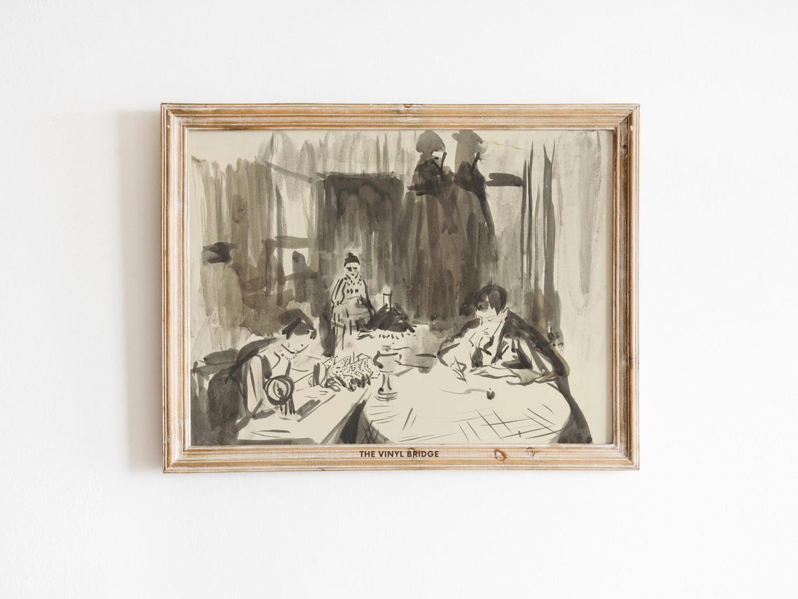 Vintage Sketch Wall Art Abstract Figurative Drawing Moody Antique Print Seamstress And Writer Illustration Interior Scene - Image 2