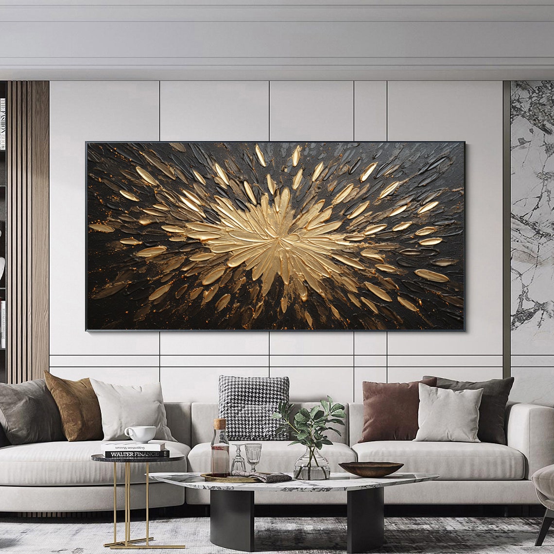 Gold Metallic Burst Black Background Abstract Floral Wall Art - Image 3