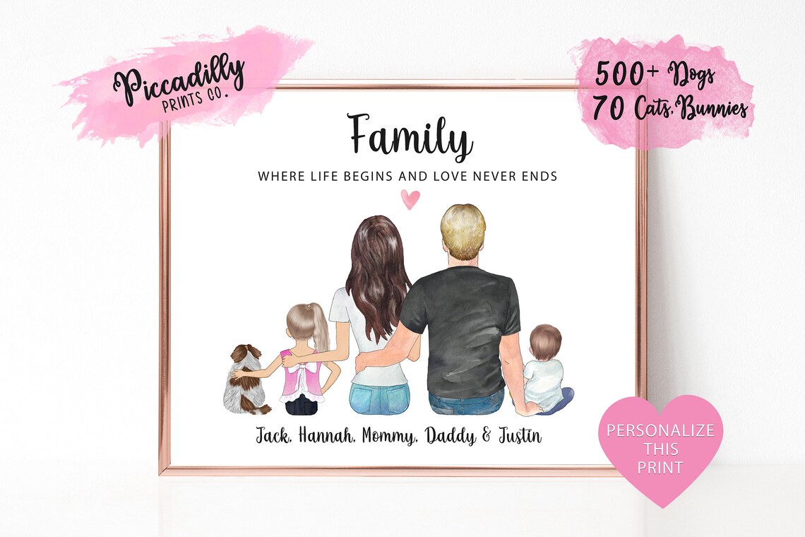 Custom Family Portrait With Pets Poster Print