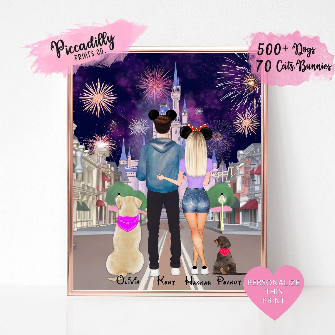 Custom Disney Couple Portrait With Pets, Magic Castle Print