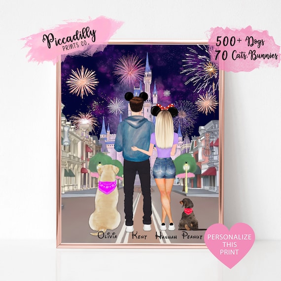 Custom Disney Couple Portrait With Pets, Magic Castle Print