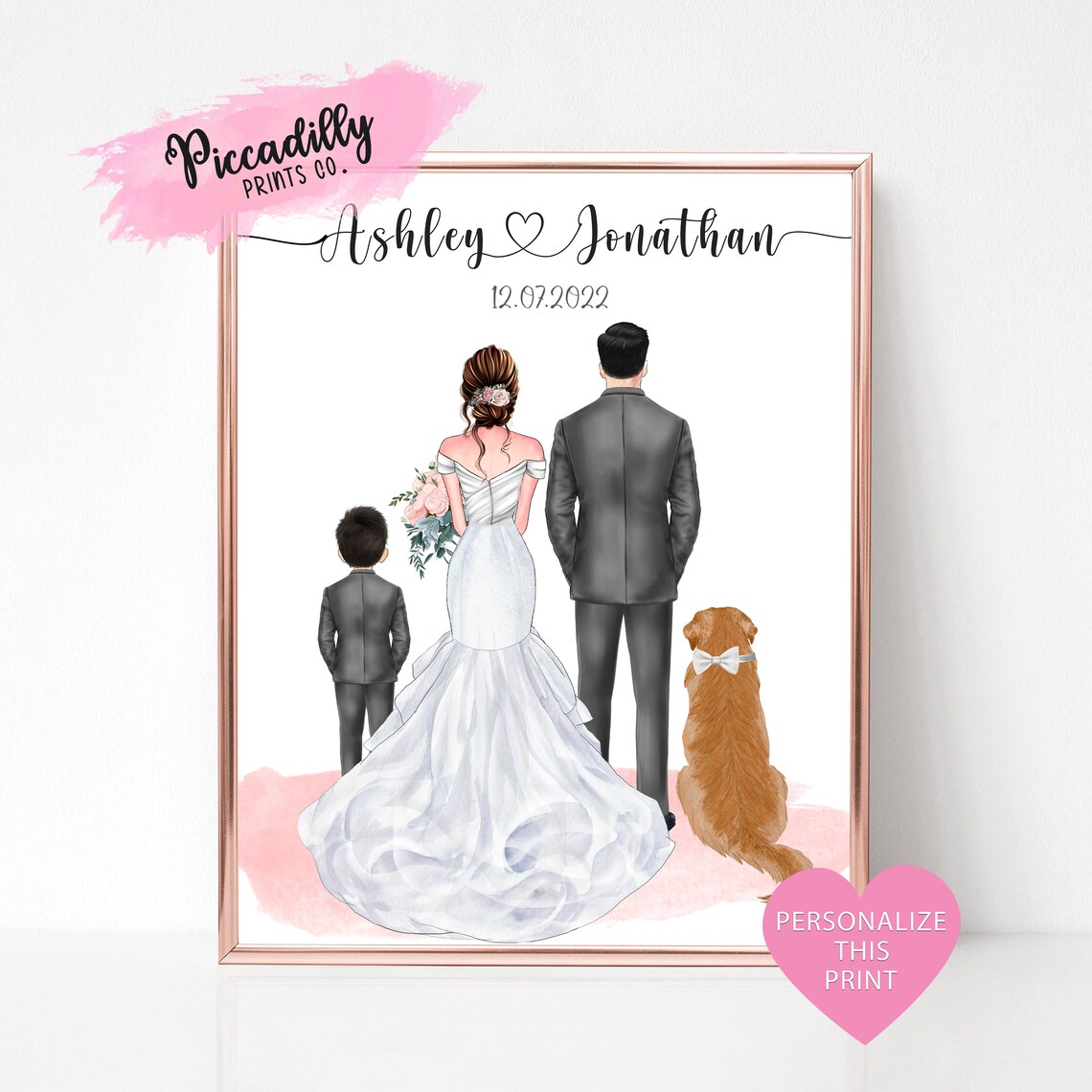Personalised Wedding Portrait With Pets Art Print