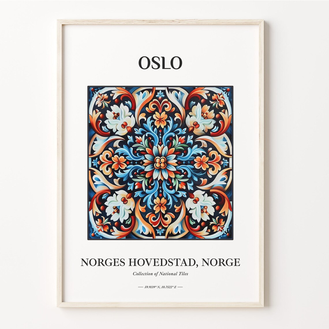 Oslo Norway Red Blue White Folk Floral Tile National Decor Poster