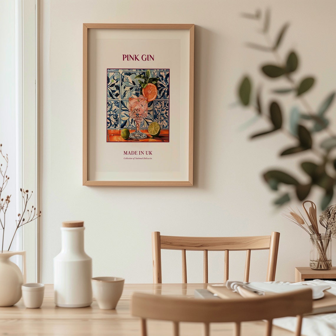 Pink Gin Cocktail Grapefruit Lime Maiolica Tile Art Kitchen Poster - Image 3