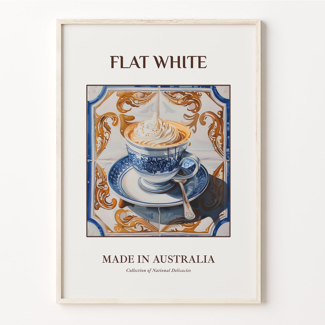Flat White Australian Coffee Cup Blue Ceramic Tile Art Poster