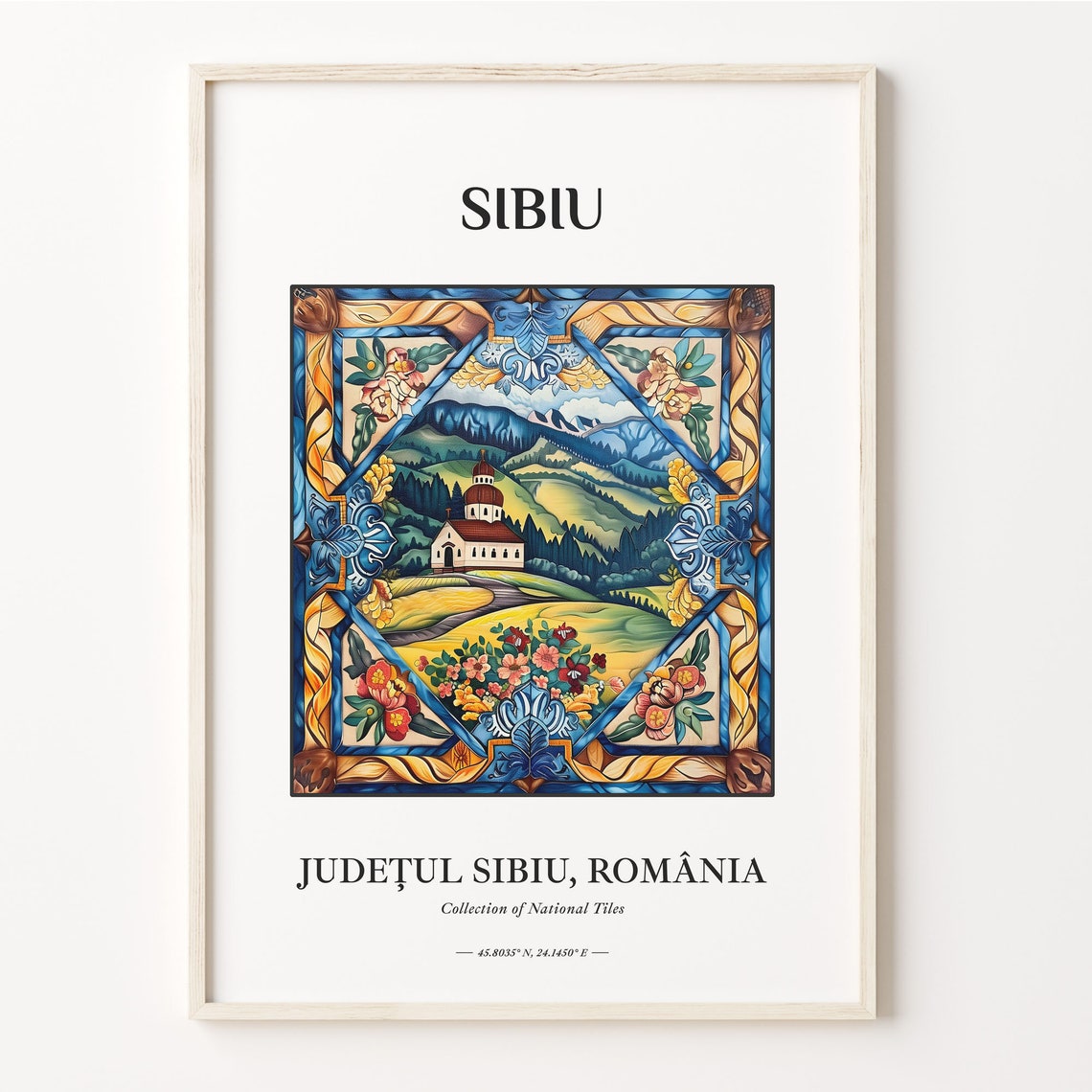 Sibiu Romania Carpathian Church Folk Tile Scene Home Decor Poster