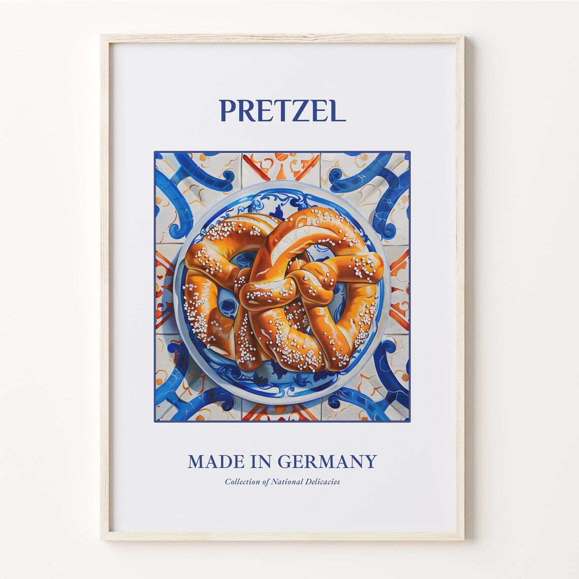 Pretzel German Bakery Salted Knot Blue Tile Kitchen Decor Poster