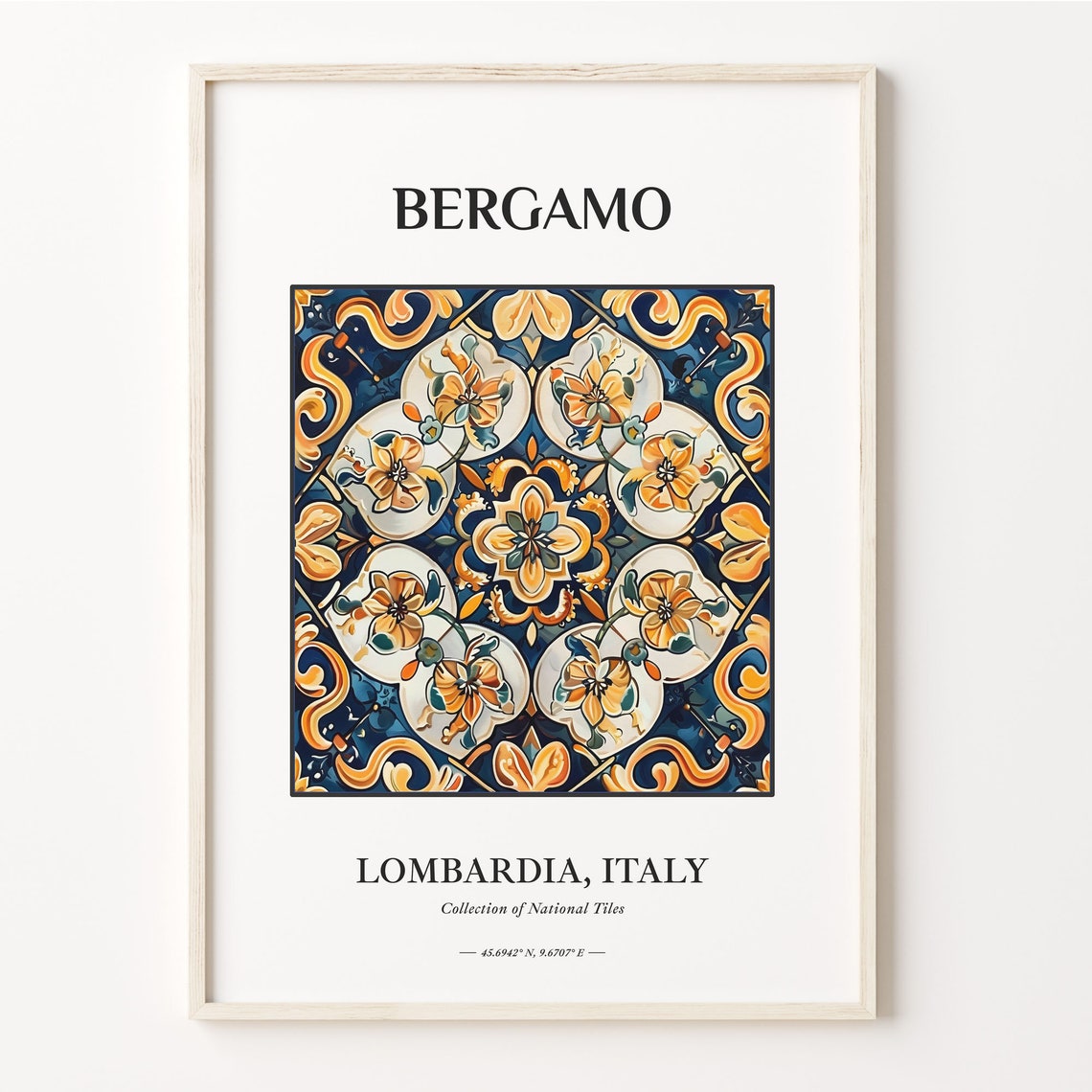 Bergamo Lombardy Italy Navy Gold Floral Rosette Tile Artwork Poster