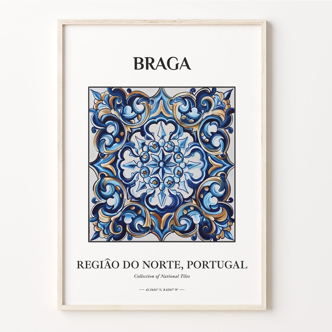 Braga Portugal Azulejo Tile Poster with Blue White Scrollwork