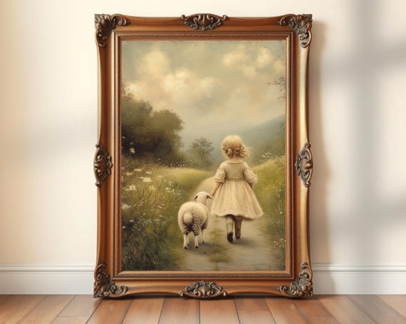 Girl And Lamb Vintage Art Print Pastoral Nursery Decor