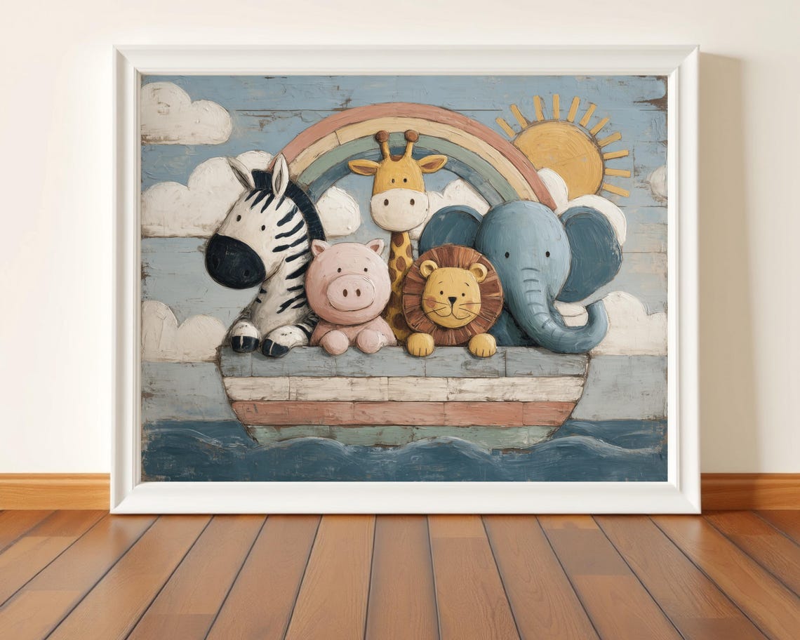 Noahs Ark Watercolor Nursery Animals Boat Rainbow Baby Poster