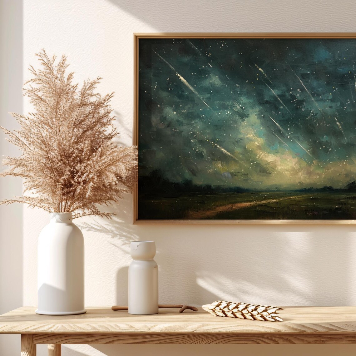 Vibrant Meteor Shower Over Teal Meadow Starry Night Art Poster - Image 6