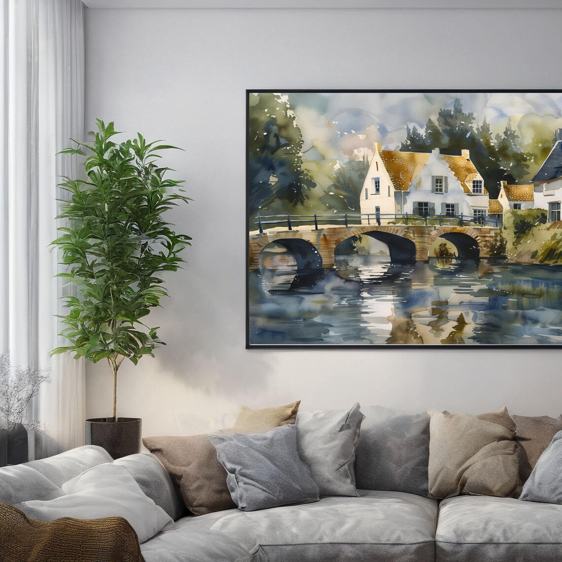 European Canal Village Triple Arch Stone Bridge Watercolor Poster - Image 6