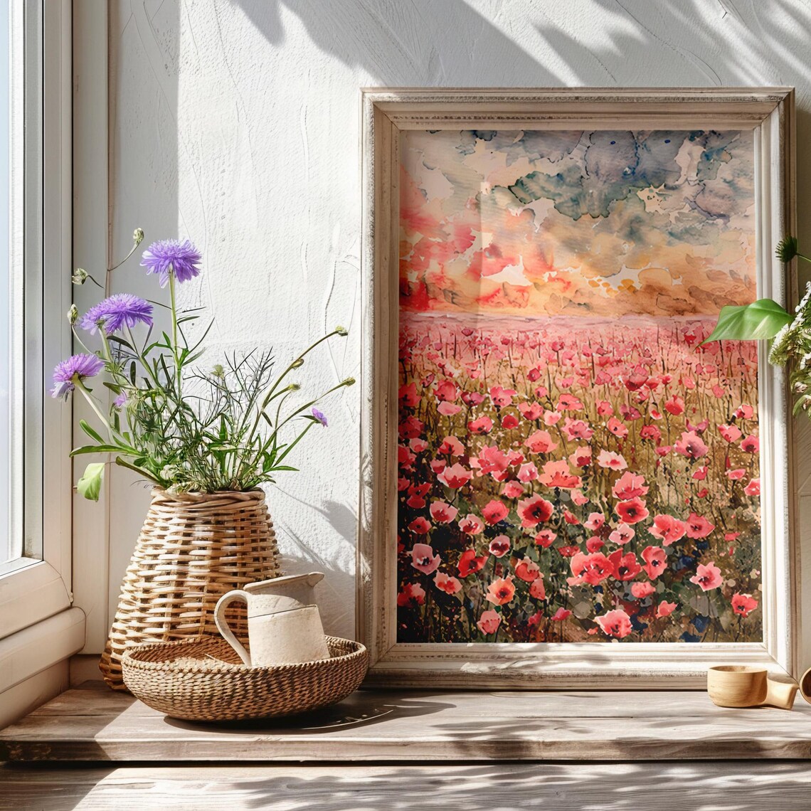 Red Poppy Field at Sunset Watercolor Floral Landscape Art Poster