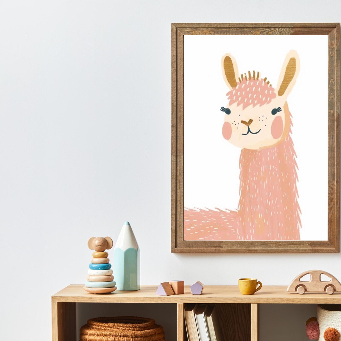 Adorable Peach Llama With Pink Mane Nursery Portrait Wall Art