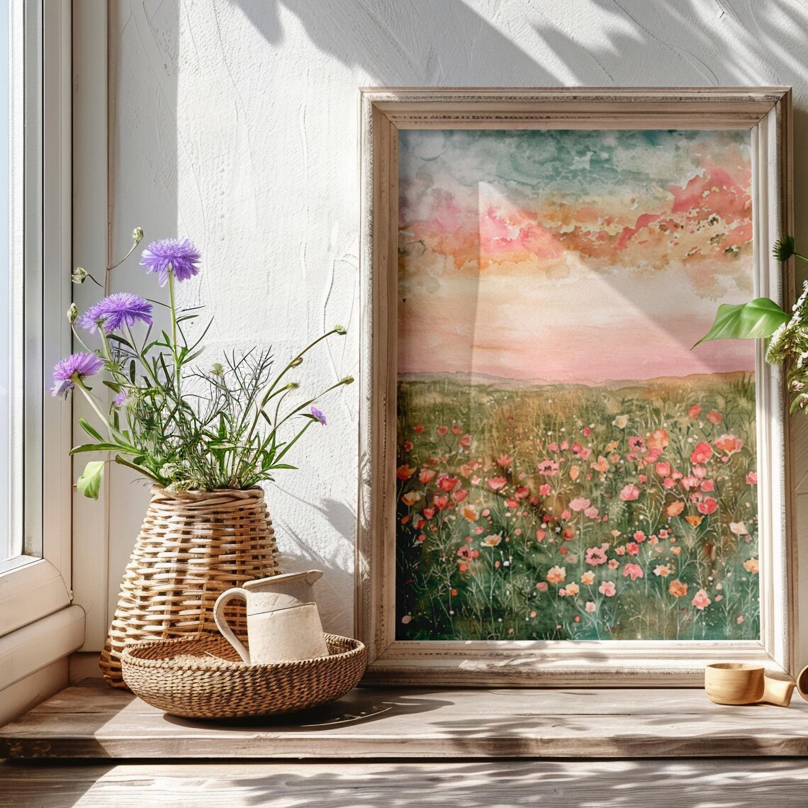 Wildflower Meadow Sunrise Soft Pastel Watercolor Botanical Poster