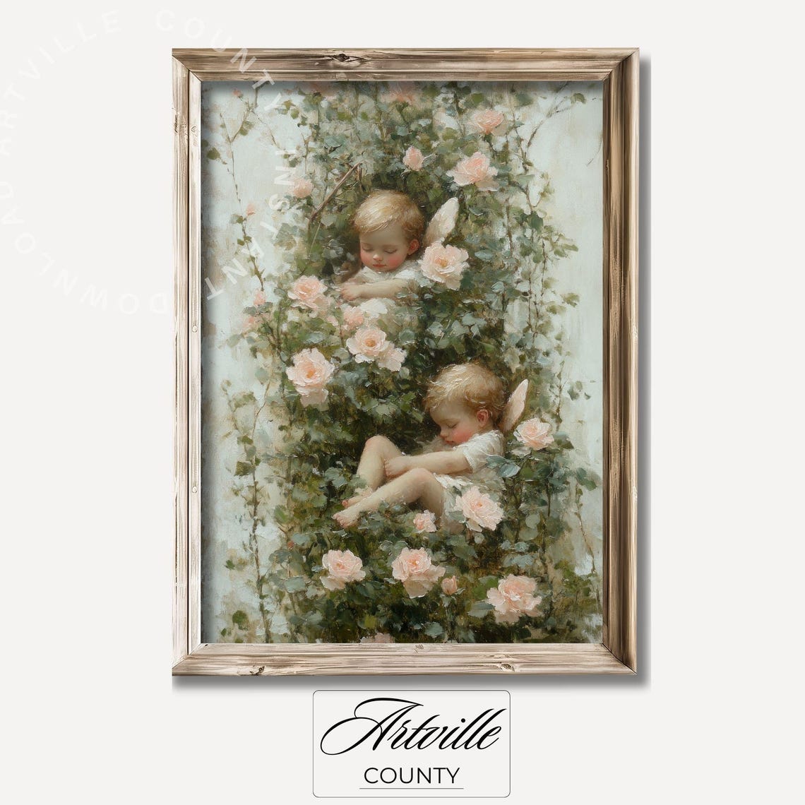Sleeping Baby Angels Among Pink Roses Vintage Nursery Poster