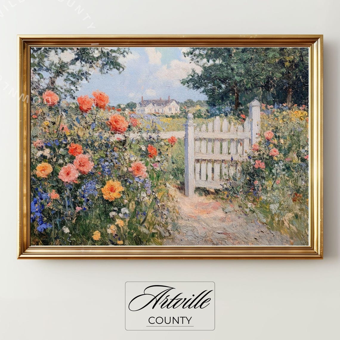 Cottage Garden Gate Wildflowers Impressionist Painting Summer Wall Art
