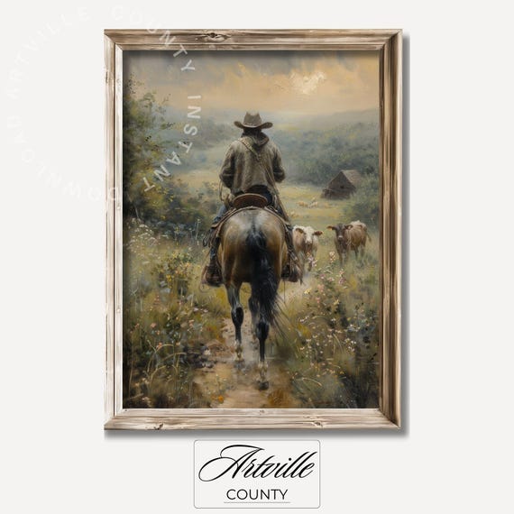 Vintage Cowboy Wall Art Western Print Moody Horse Rider Painting Horse Wall Art Cowboy Decor