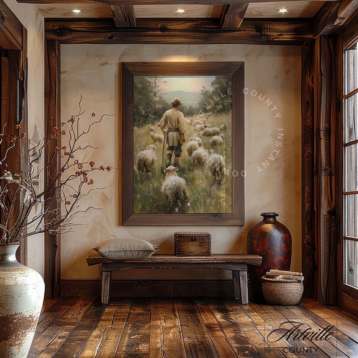 Shepherd With Sheep Vintage Oil Painting Art Print - Image 4