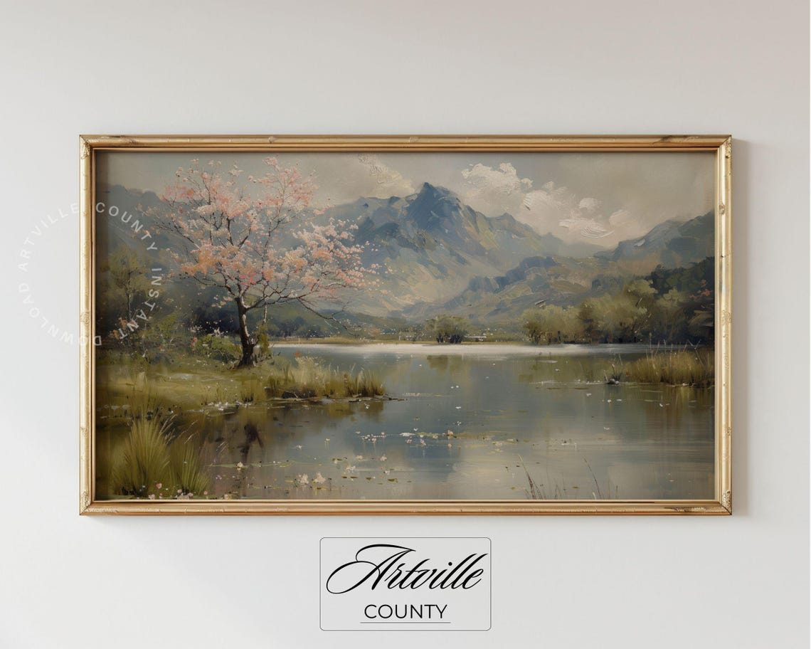 Cherry Blossom Tree by Mountain Lake Spring Landscape Poster - Image 2