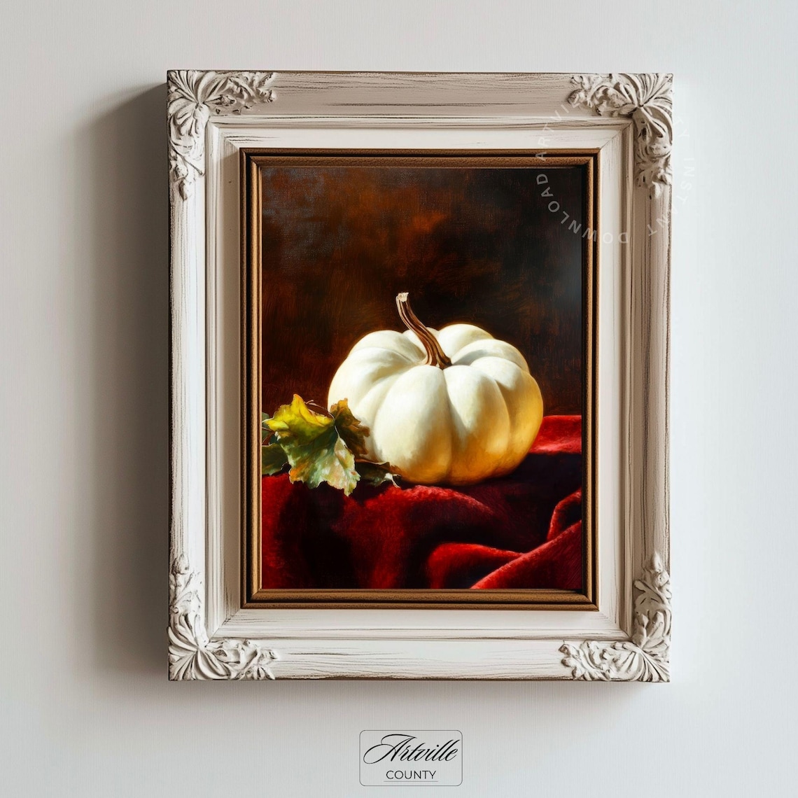 White Pumpkin Still Life Oil Painting Fall Decor Elegant Wall Art