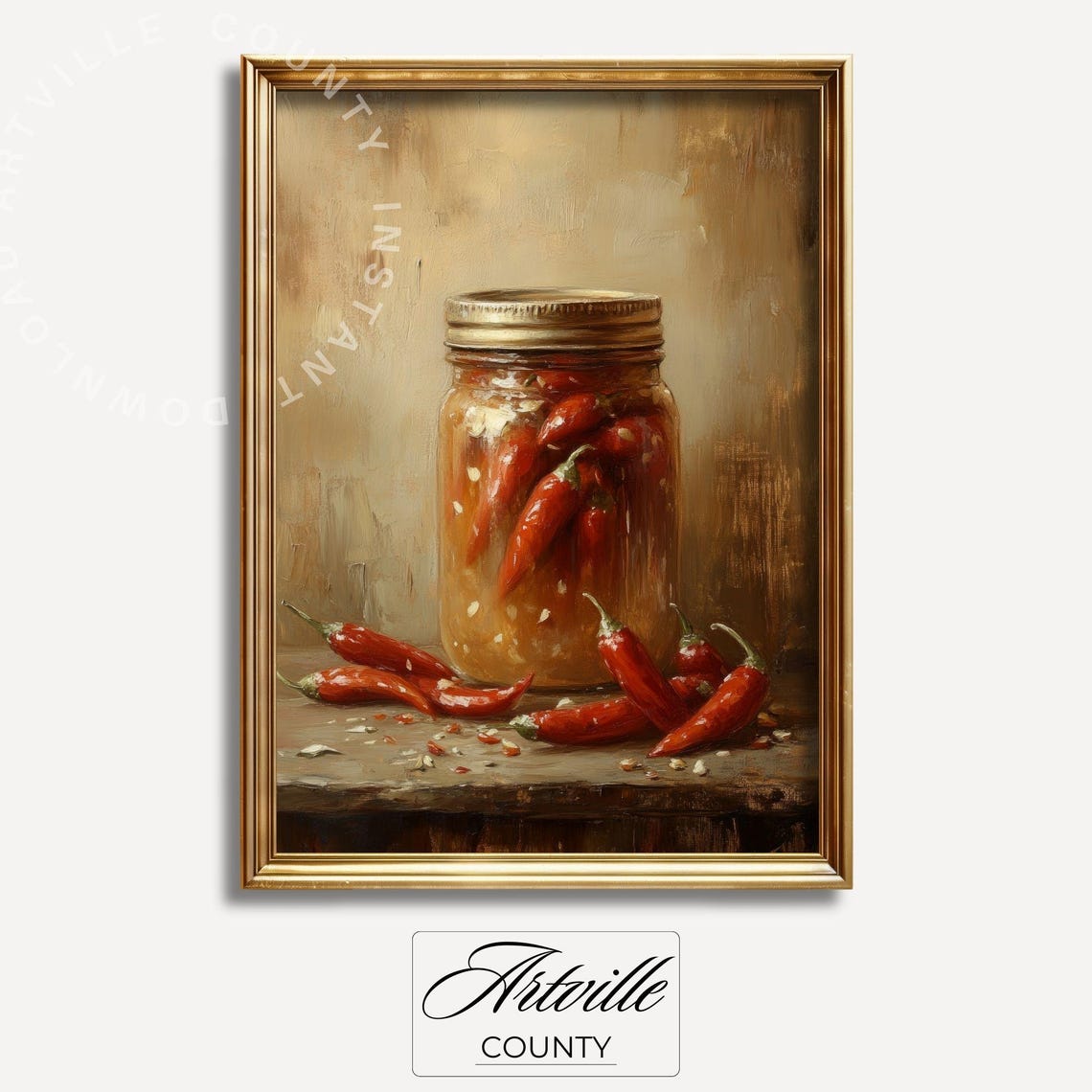Red Chili Peppers Mason Jar Rustic Still Life Oil Painting Poster