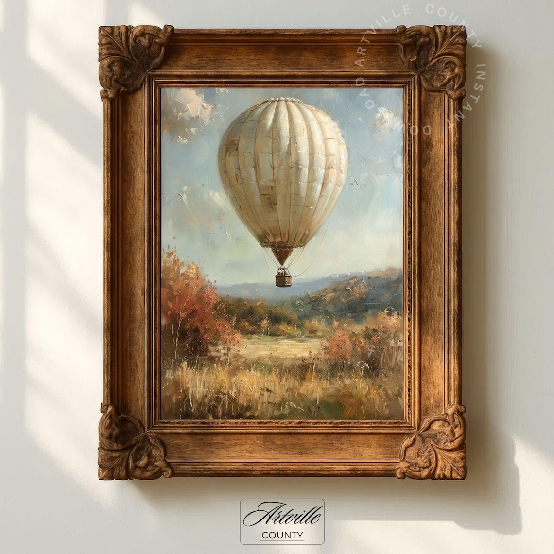Vintage Hot Air Balloon Fall Landscape Wall Art Cream Balloon Autumn Fields