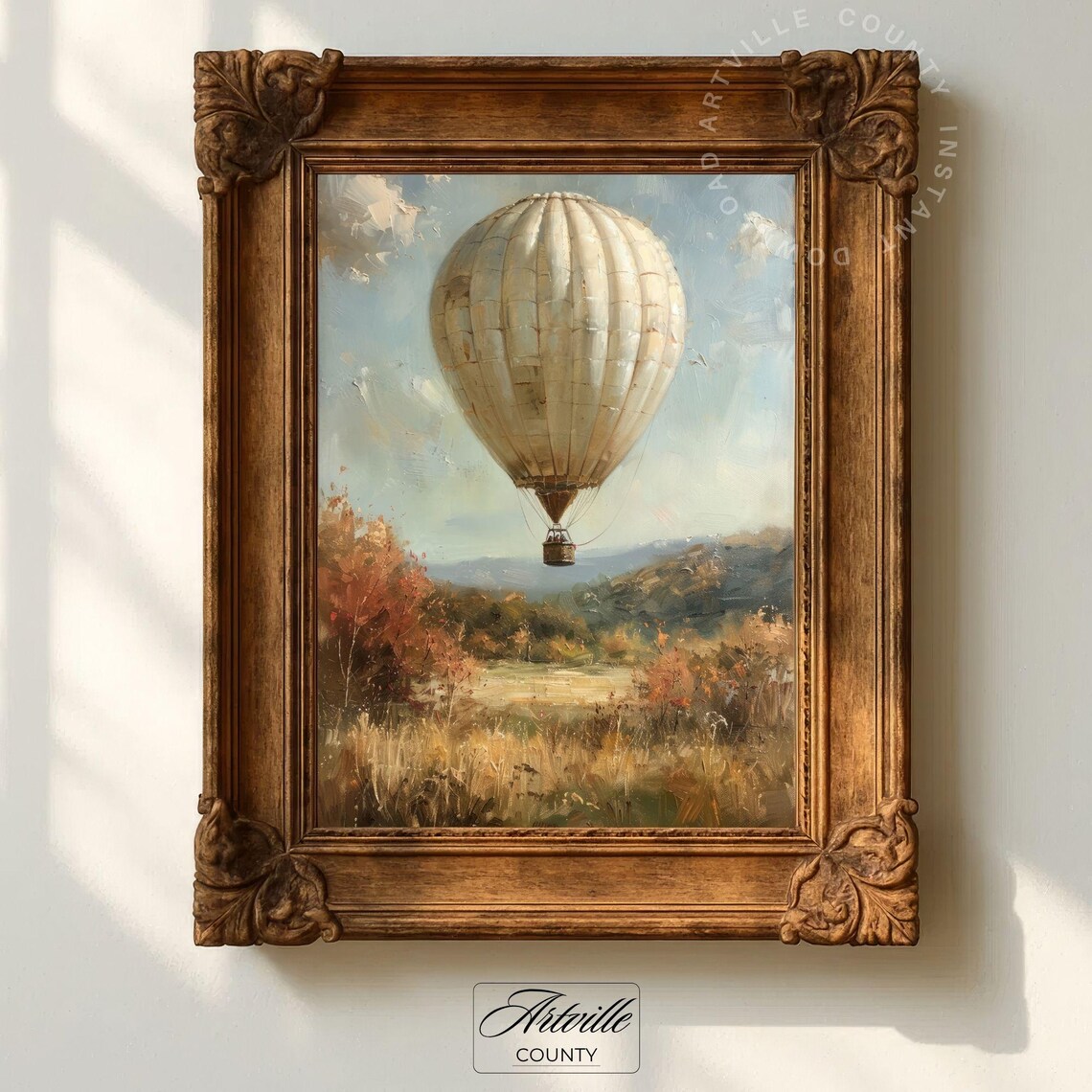Vintage Hot Air Balloon Painting Fall Landscape Print Home Decor Autumn Trees Rustic Antique Wall Art