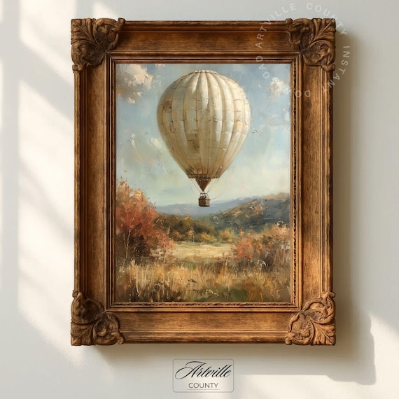 Vintage Hot Air Balloon Fall Landscape Wall Art Cream Balloon Autumn Fields