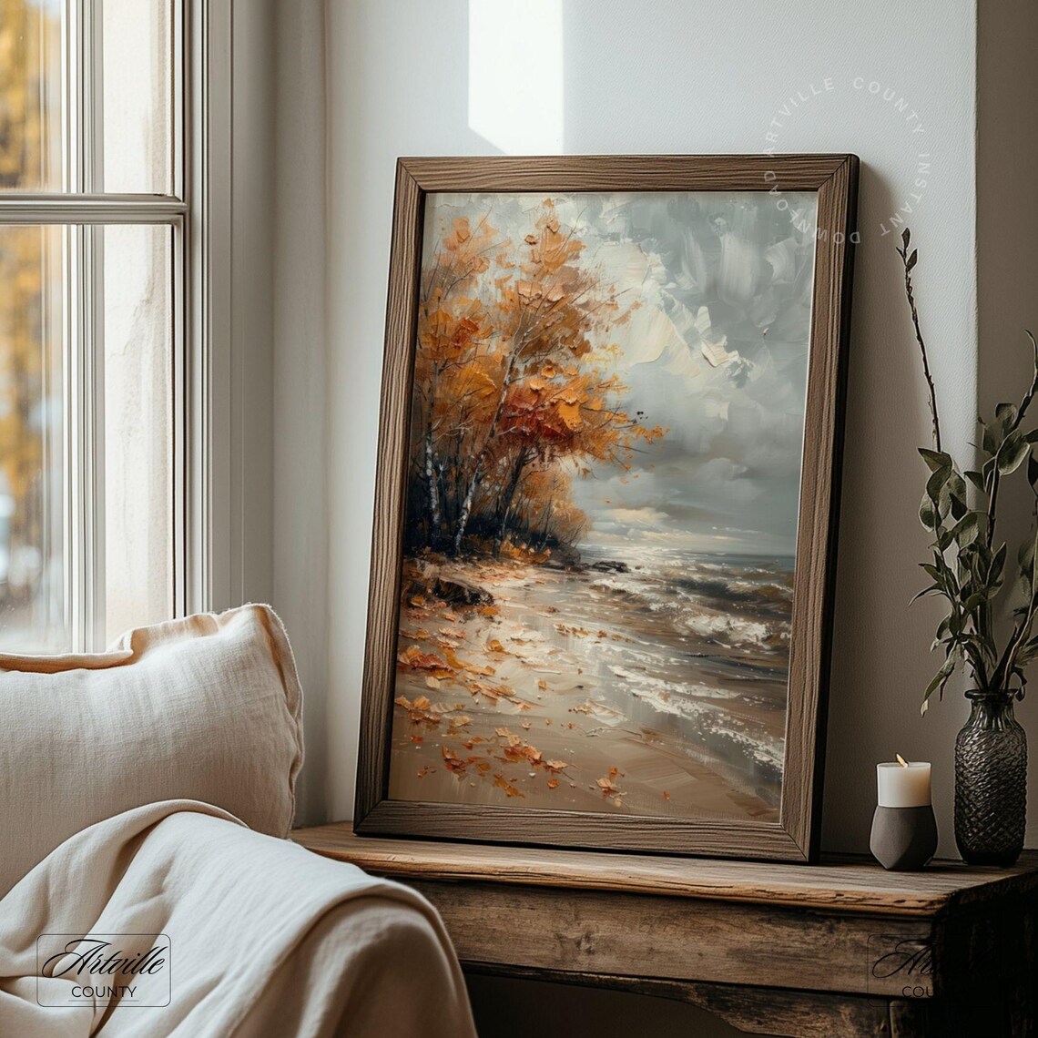 Moody Autumn Beach Painting Golden Birch Trees Coastal Art Poster