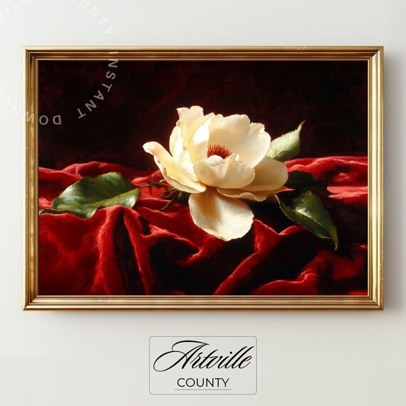 Moody White Rose Baroque Still Life Painting Red Velvet Vintage Floral Wall Art