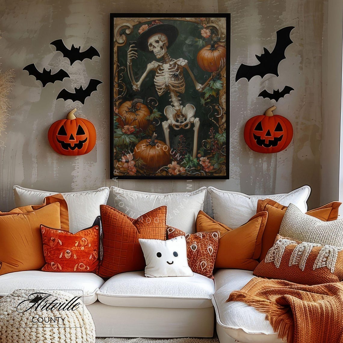Skeleton Witch Taking Selfie Among Pumpkins Dark Floral Poster - Image 3