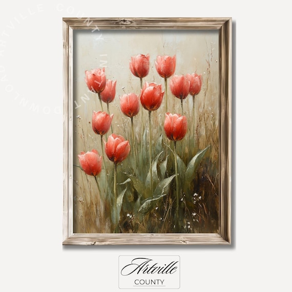 Coral Red Wild Tulips Meadow Vintage Oil Painting Art Poster