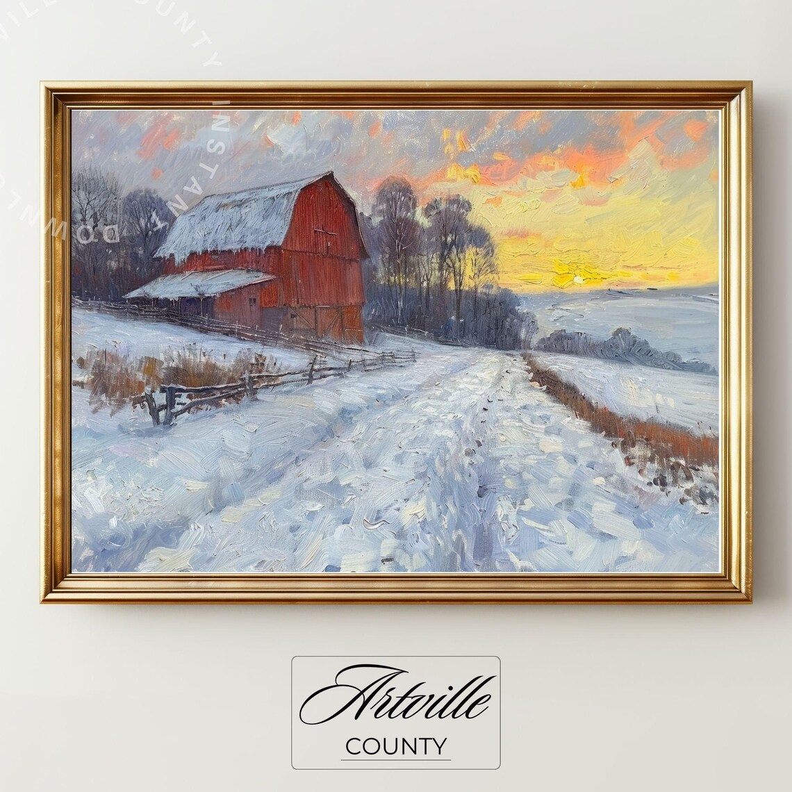 Red Barn in Snow Sunset Winter Farm Vintage Oil Painting Poster - Image 3