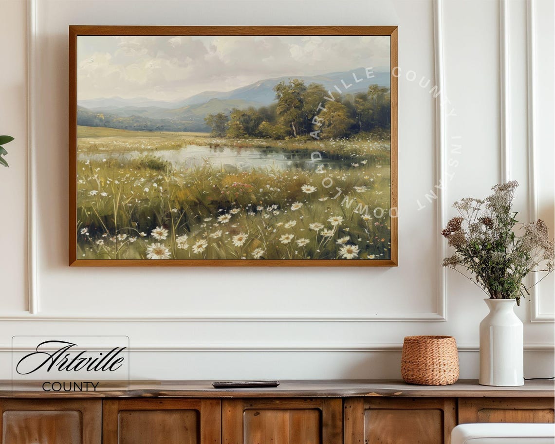 Daisy Meadow Pond Mountains Vintage Wildflower Landscape Poster - Image 4