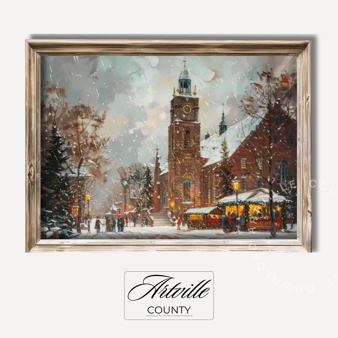 Snowy Christmas Market By The Church Night Scene Wall Poster