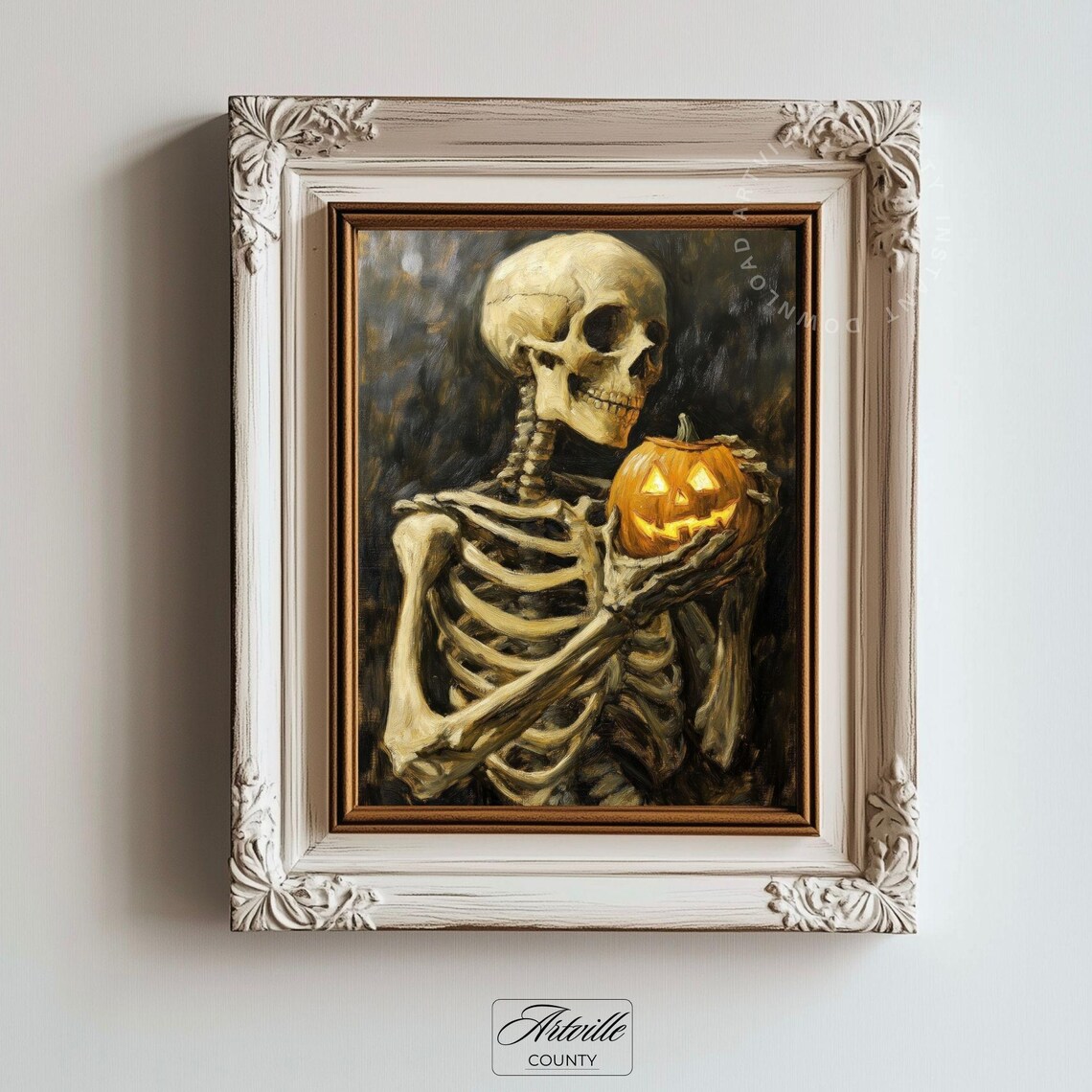 Dark Academia Halloween Print Skeleton With Pumpkin Painting