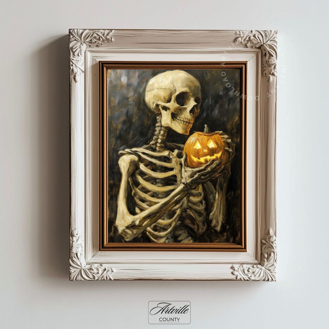 Skeleton Holding Jack O Lantern Dark Academia Halloween Wall Art
