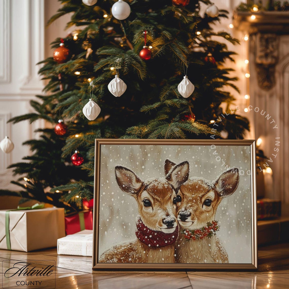 Two Reindeer Nuzzling Together In Falling Snow Christmas Poster - Image 3