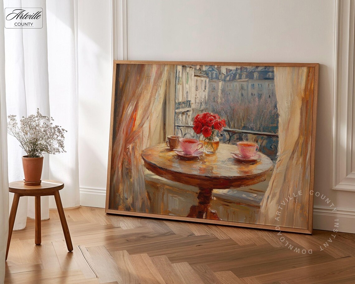 Coffee Roses Sunlit Window Vintage European Cafe Painting Poster - Image 2