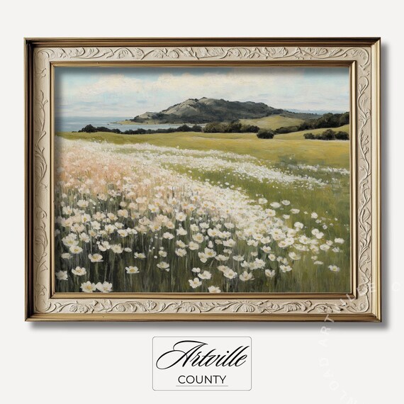 Countryside Spring Landscape, Vintage Floral Art Print