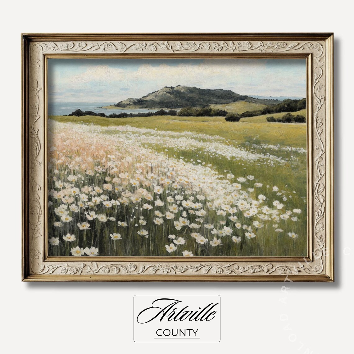Countryside Spring Landscape, Vintage Floral Art Print
