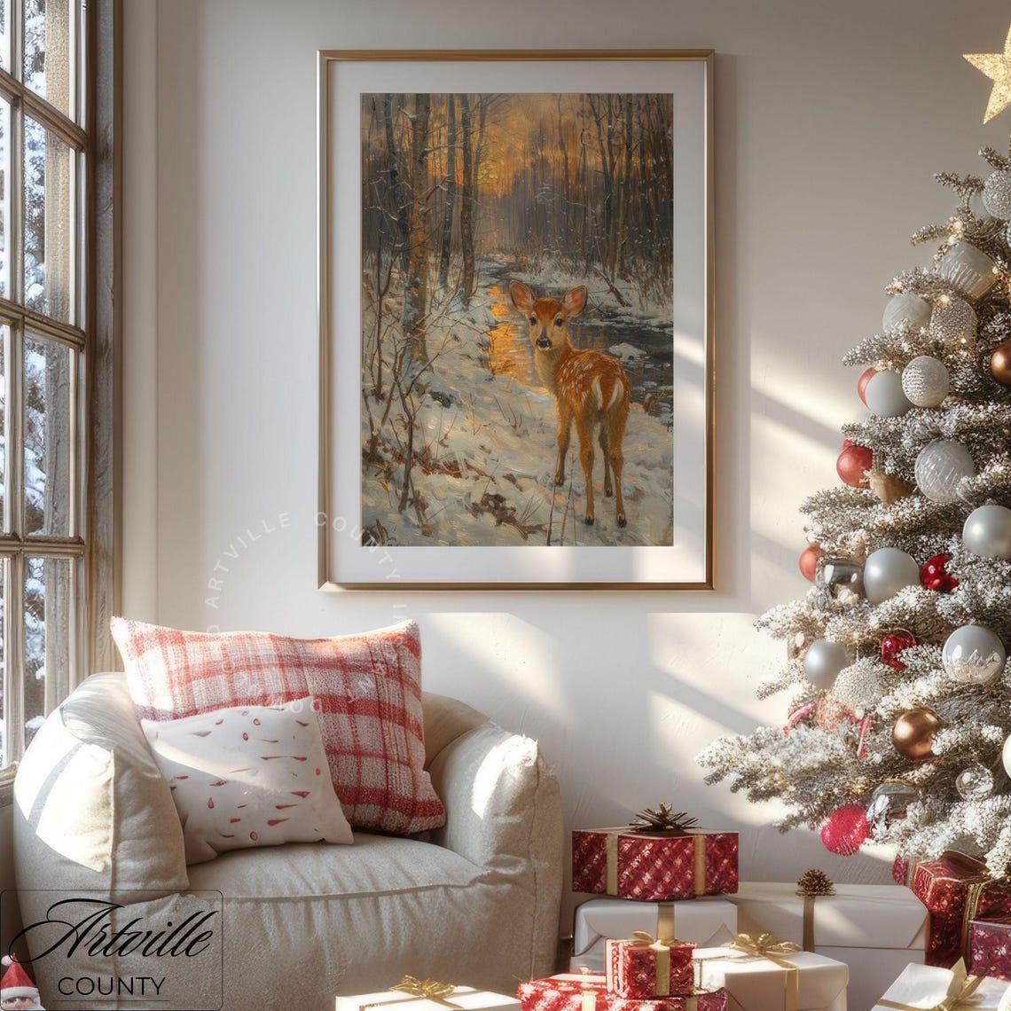 Deer Fawn Standing In Snowy Forest At Sunset Wildlife Wall Poster - Image 4