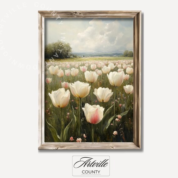White Tulip Field Spring Bloom Vintage Floral Meadow Scene Poster