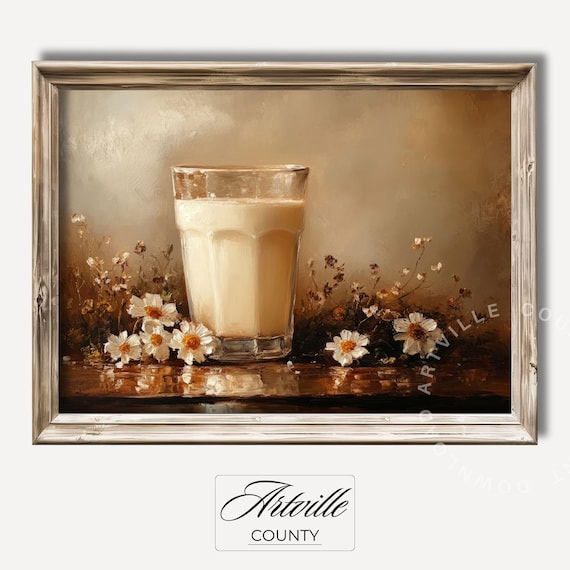 Glass of Milk With Daisies Vintage Still Life Painting Farmhouse Wall Art